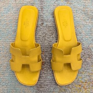 Hermes Yellow Oran Leather Slide Sandals